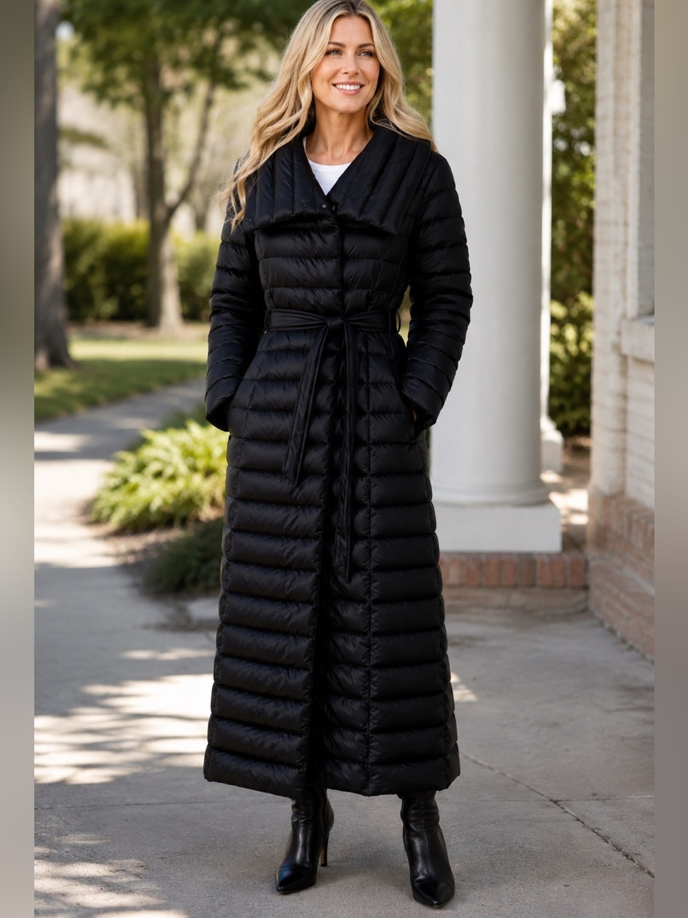 Via Spiga Black Long Belted Puffer Coat Feather Free Maxi Jacket L NWT